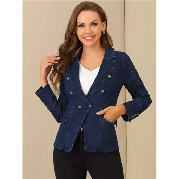 Women's Jean Jacket Lapel Long Sleeve Denim Blazer with Pockets